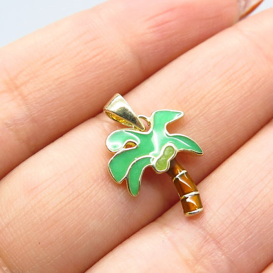 925 Sterling Silver Gold Plated Enamel Palm Tree Pendant