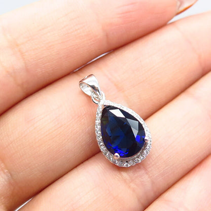 925 Sterling Silver White & Blue C Z Teardrop Pendant