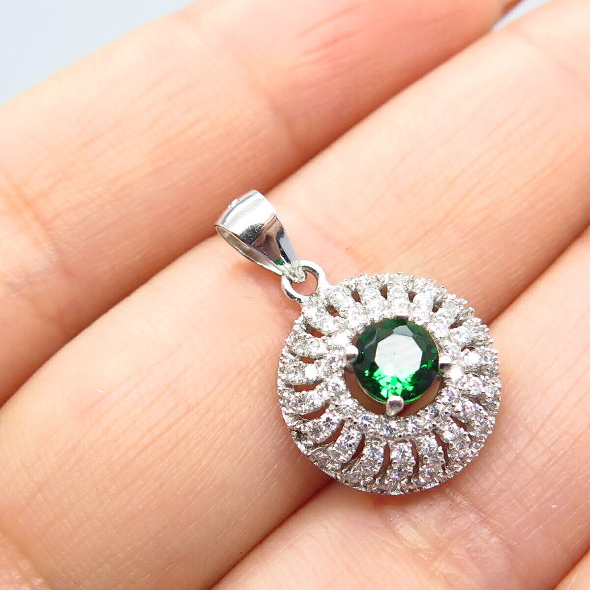 925 Sterling Silver White & Diopside-Tone C Z Pendant