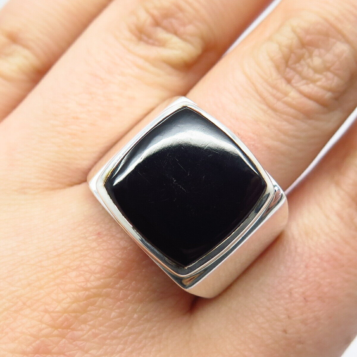 925 Sterling Silver Vintage Real Black Onyx Gemstone Ring Size 9.75