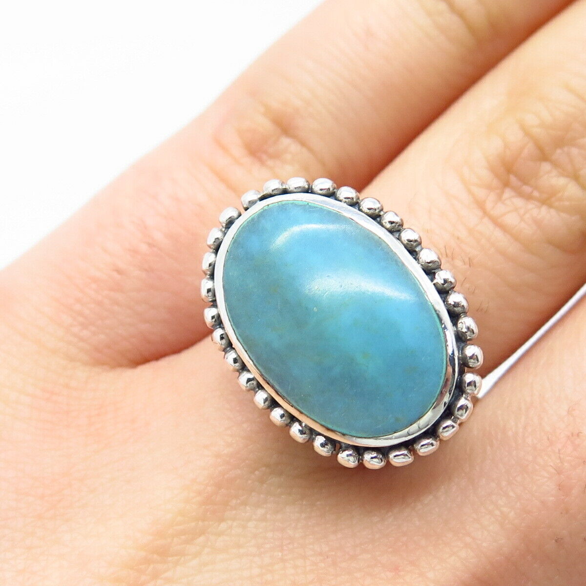 925 Sterling Silver Vintage Real Turquoise Gemstone Beaded Ring Size 6.5