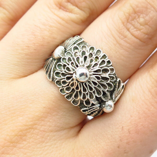 925 Sterling Silver Vintage Ornate Floral Ring Size 8.5