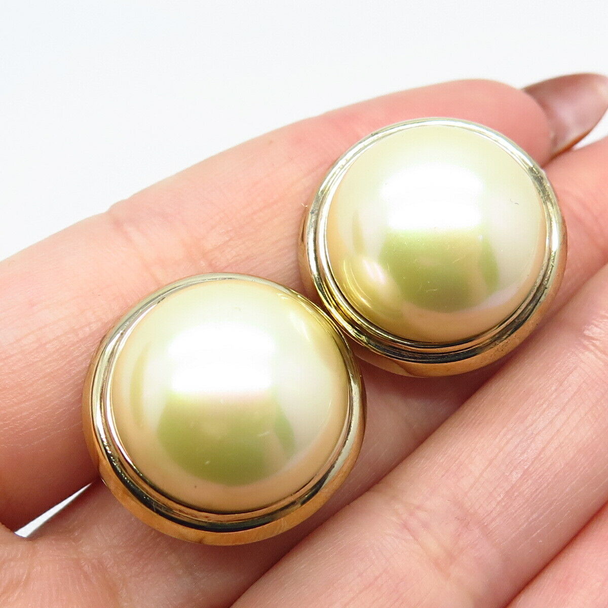 925 Sterling Silver Gold Plated Vintage Faux Pearl Omega Back Earrings