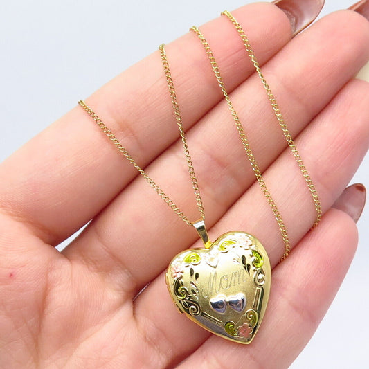 925 Sterling Silver Gold Plated "Mom" Heart Locket Rolo Chain Necklace 18"