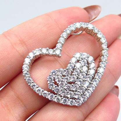 925 Sterling Silver Pave C Z Double Open Heart Slide Pendant