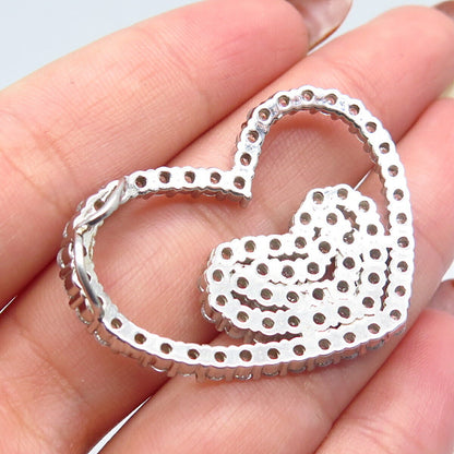 925 Sterling Silver Pave C Z Double Open Heart Slide Pendant