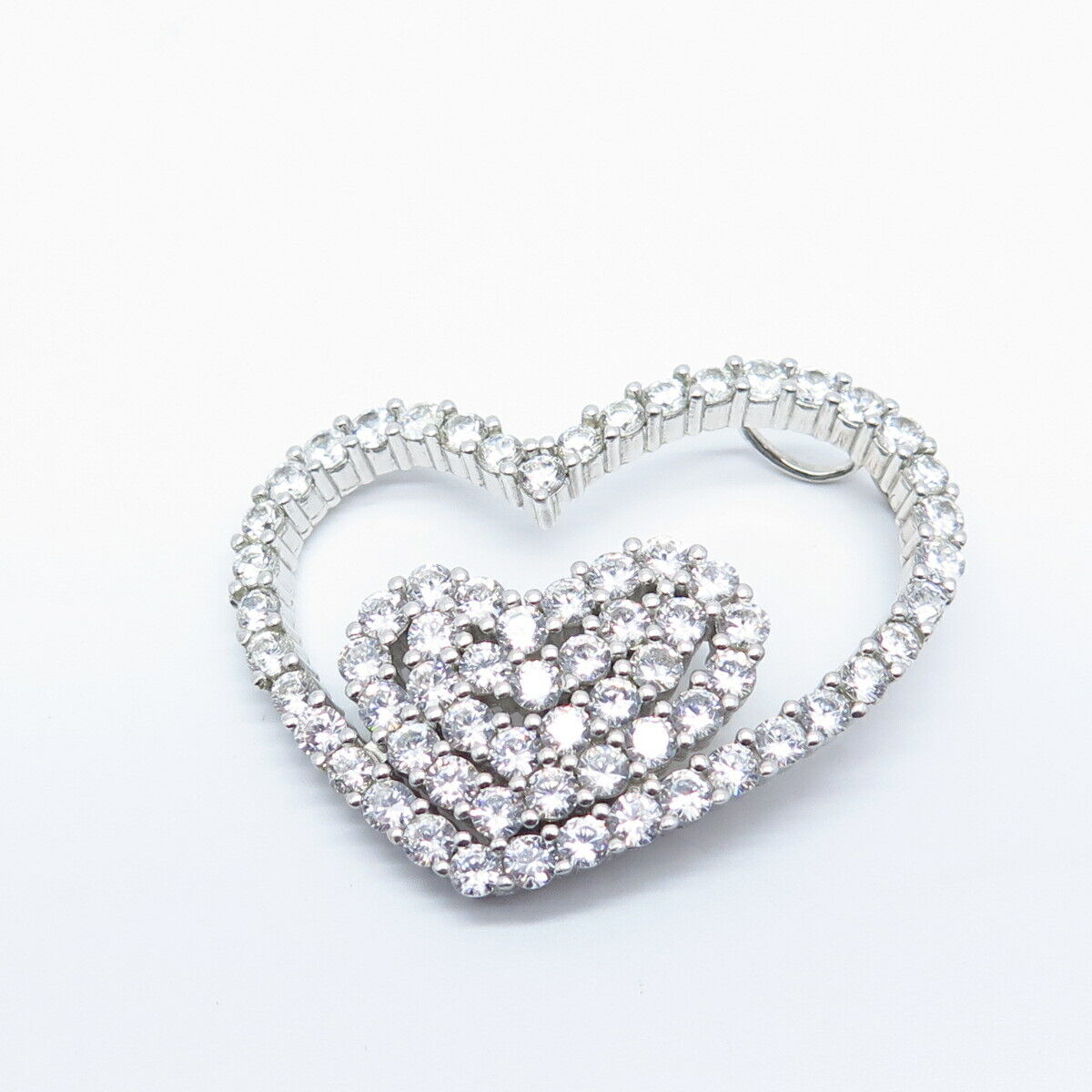 925 Sterling Silver Pave C Z Double Open Heart Slide Pendant