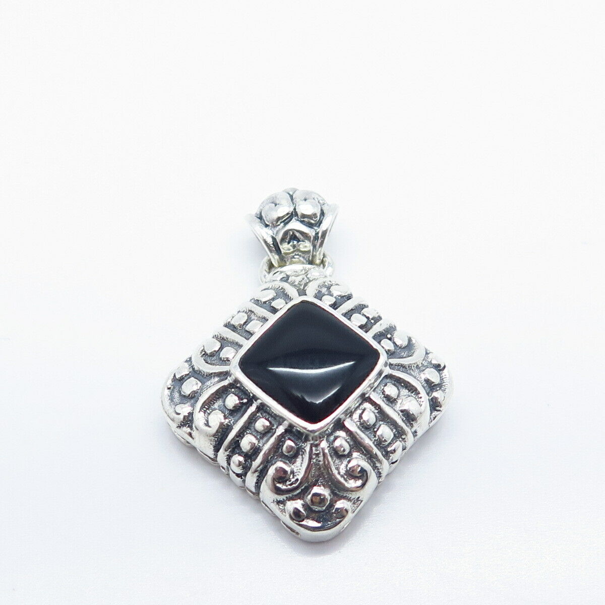 925 Sterling Silver Vintage Real Black Onyx Gemstone Ornate Pendant