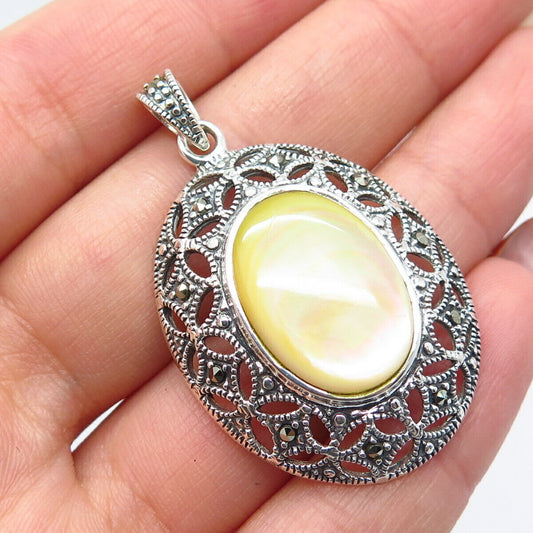 925 Sterling Silver Vintage Mother-of-Pearl & Marcasite Gemstone Ornate Pendant