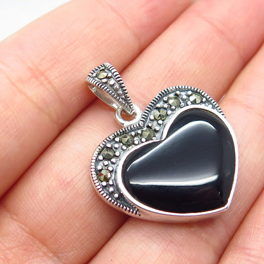 925 Sterling Silver Vintage Black Onyx & Marcasite Gem Art-Deco-Style Pendant