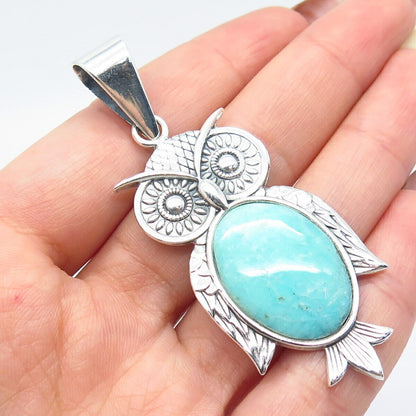 950 Silver Vintage Real Amazonite Gemstone Wise Owl Pendant