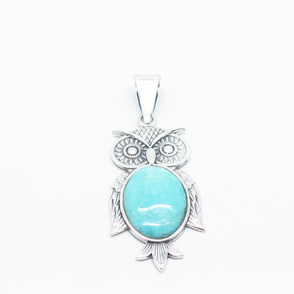 950 Silver Vintage Real Amazonite Gemstone Wise Owl Pendant