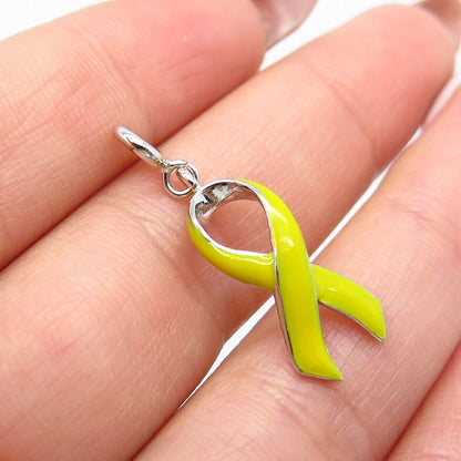 925 Sterling Silver Vintage Yellow Enamel Bone Cancer Ribbon Charm Pendant