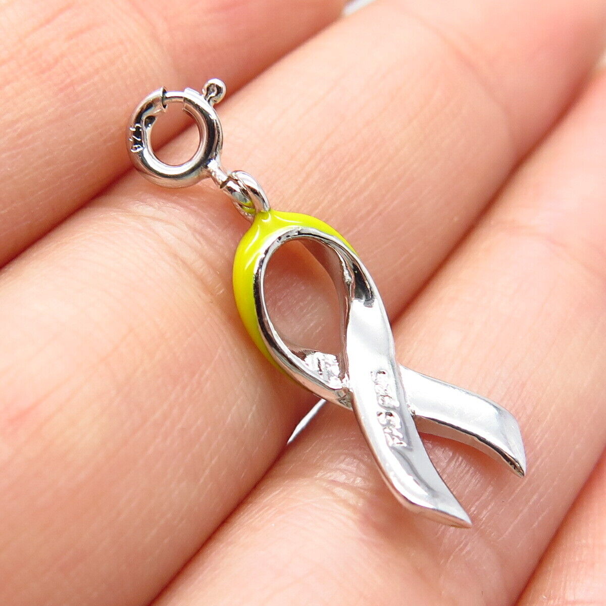 925 Sterling Silver Vintage Yellow Enamel Bone Cancer Ribbon Charm Pendant