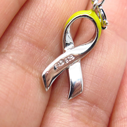 925 Sterling Silver Vintage Yellow Enamel Bone Cancer Ribbon Charm Pendant