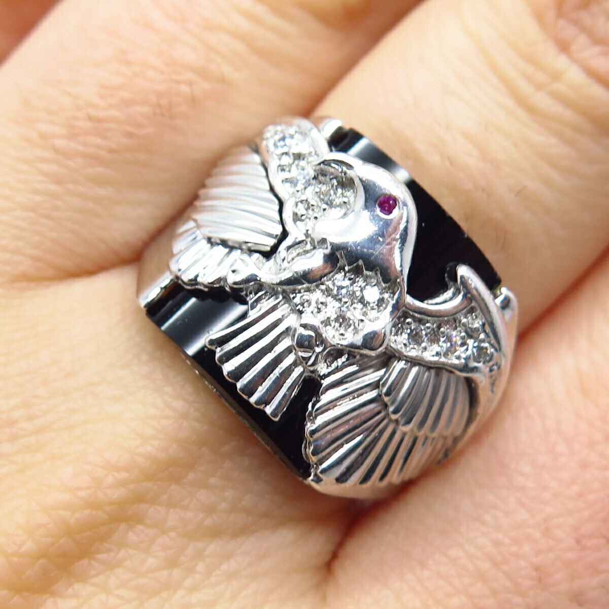 925 Sterling Silver Black Onyx Gem White & Pink C Z Eagle Ring Size 9.25