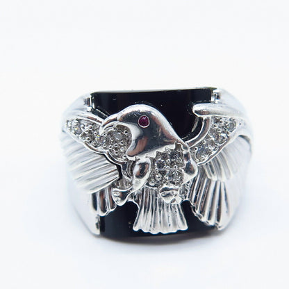 925 Sterling Silver Black Onyx Gem White & Pink C Z Eagle Ring Size 9.25