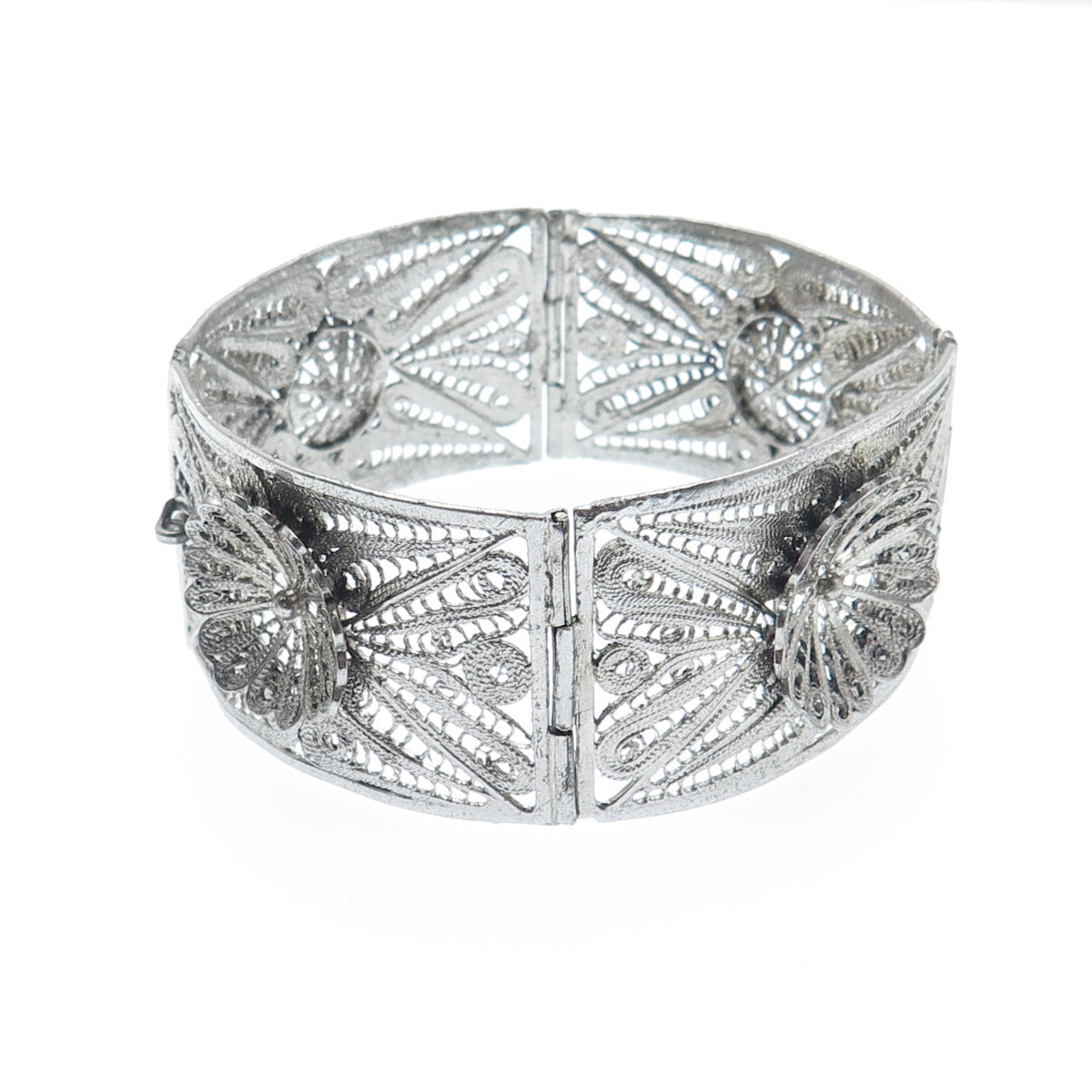 925 Sterling Silver Vintage Mexico Flower Filigree Panel Link Bracelet 7.25"