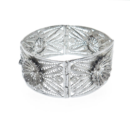 925 Sterling Silver Vintage Mexico Flower Filigree Panel Link Bracelet 7.25"