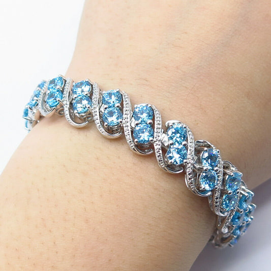 925 Sterling Silver Blue Topaz-Tone C Z Tennis Link Bracelet 7.25"