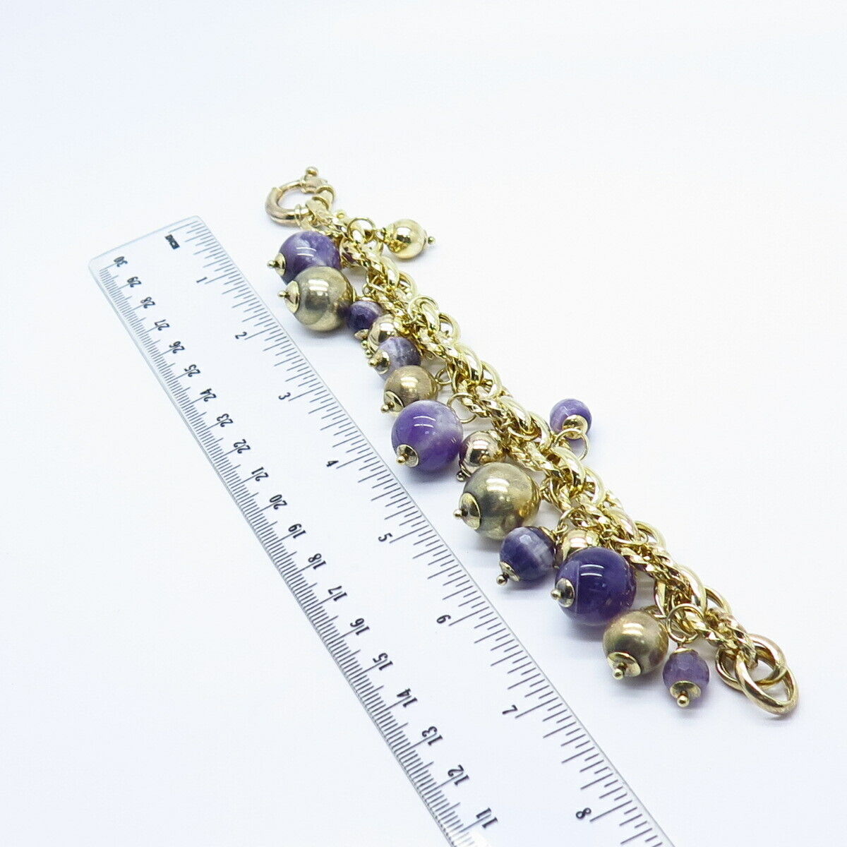 925 Sterling Silver Vintage Italy Real Amethyst Gem Beaded Link Bracelet 6.75"