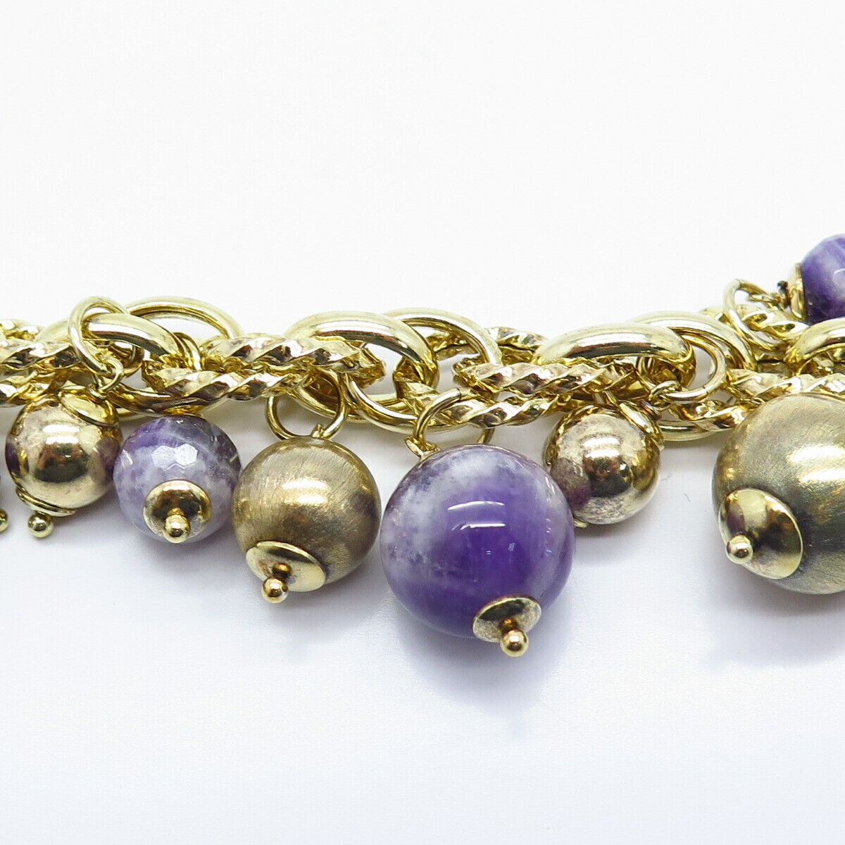 925 Sterling Silver Vintage Italy Real Amethyst Gem Beaded Link Bracelet 6.75"