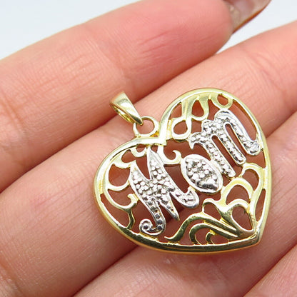 925 Sterling Silver 2-Tone "Mom" Ornate Heart Pendant