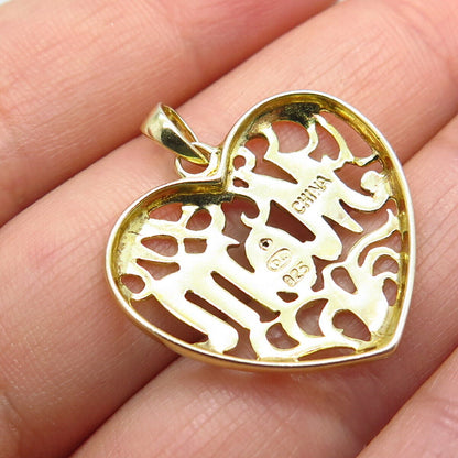 925 Sterling Silver 2-Tone "Mom" Ornate Heart Pendant