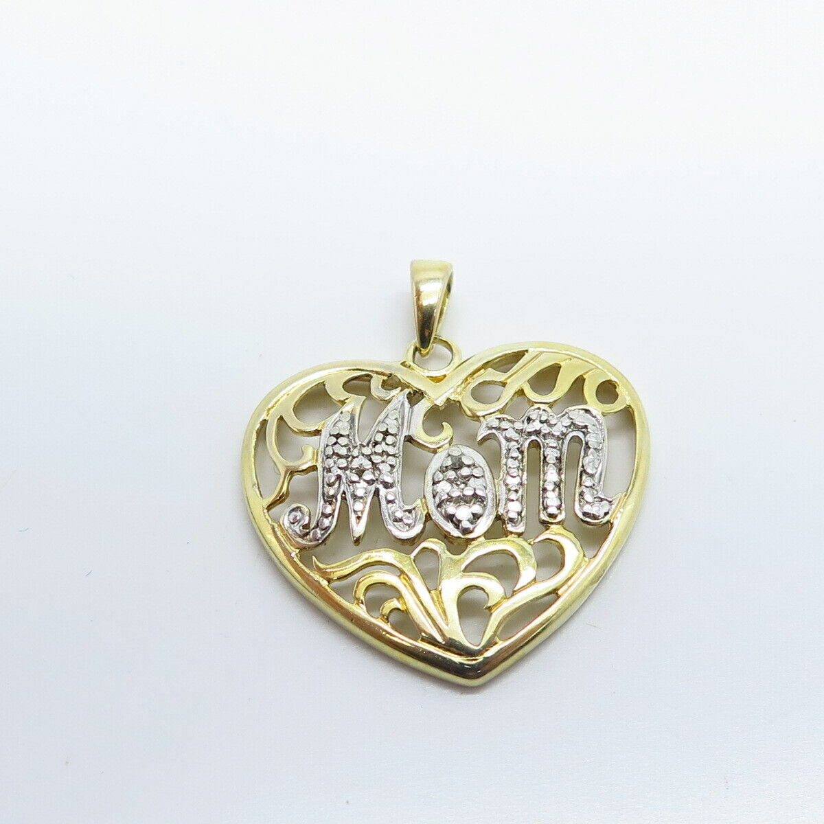 925 Sterling Silver 2-Tone "Mom" Ornate Heart Pendant