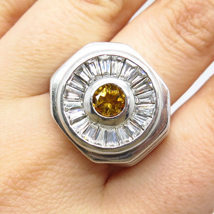 925 Sterling Silver Vintage Real Citrine Gemstone & C Z Wide Ring Size 9.75