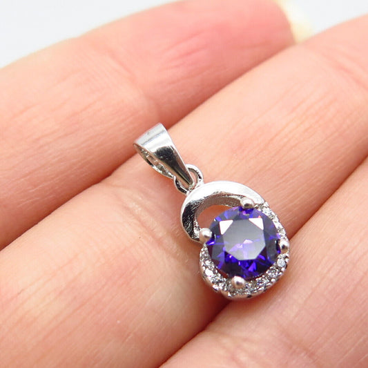 925 Sterling Silver White & Amethyst-Tone C Z Pendant