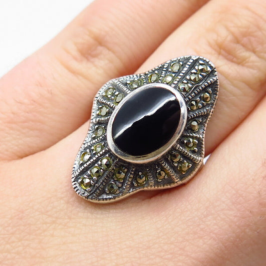 925 Sterling Silver Vintage Black Onyx & Marcasite Gem Art-Deco Ring Size 5.5