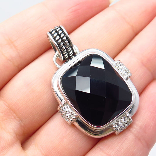 925 Sterling Silver Real Melanite Gemstone & C Z Pendant