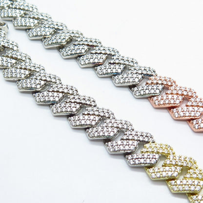 925 Sterling Silver 3-Tone C Z Cuban Chain Necklace 17"