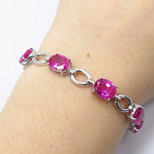 925 Sterling Silver Lab-Created Pink Sapphire Tennis Link Bracelet 6.75"