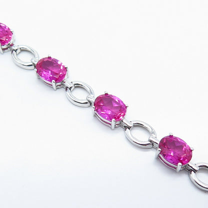 925 Sterling Silver Lab-Created Pink Sapphire Tennis Link Bracelet 6.75"