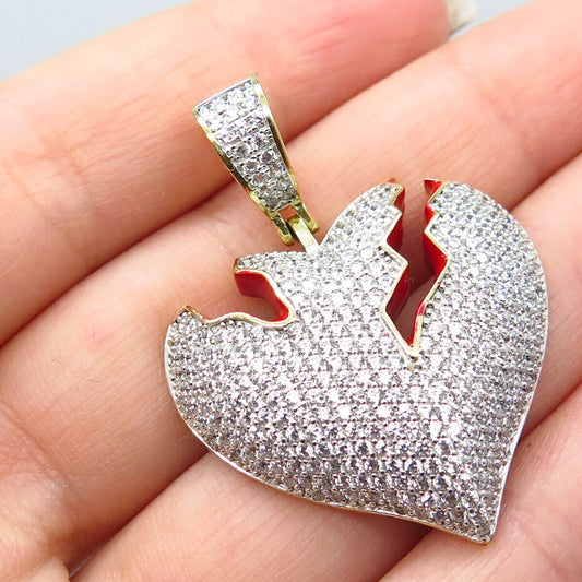 925 Sterling Silver Gold Plated Pave C Z & Red Enamel Heart Pendant