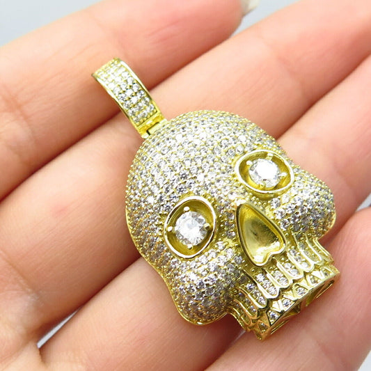 925 Sterling Silver Gold Plated Pave C Z Scull Biker Pendant