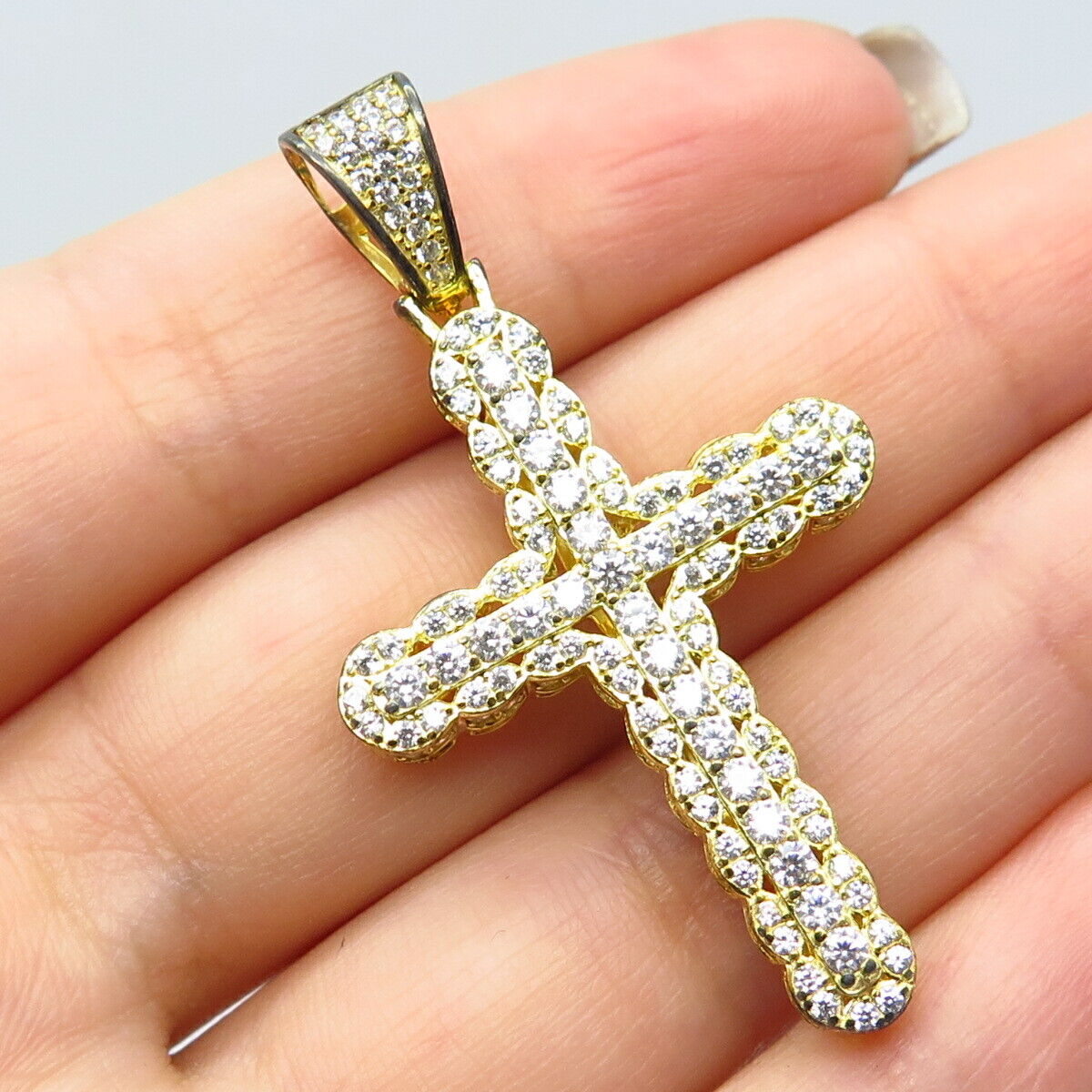 925 Sterling Silver Gold Plated Pave C Z Cross Pendant