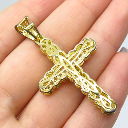 925 Sterling Silver Gold Plated Pave C Z Cross Pendant