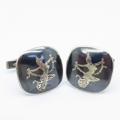 925 Sterling Silver Vintage Siam Niello Hindu Goddess Cufflinks