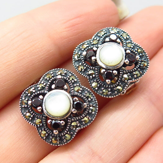 925 Sterling Silver Vintage Real MOP Red garnet & Marcasite Gem Clip On Earrings