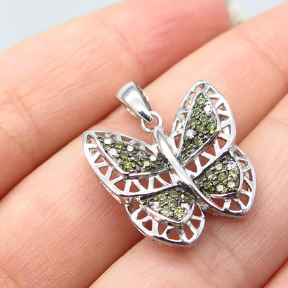 925 Sterling Silver Peridot-Tone C Z Ornate Butterfly Pendant