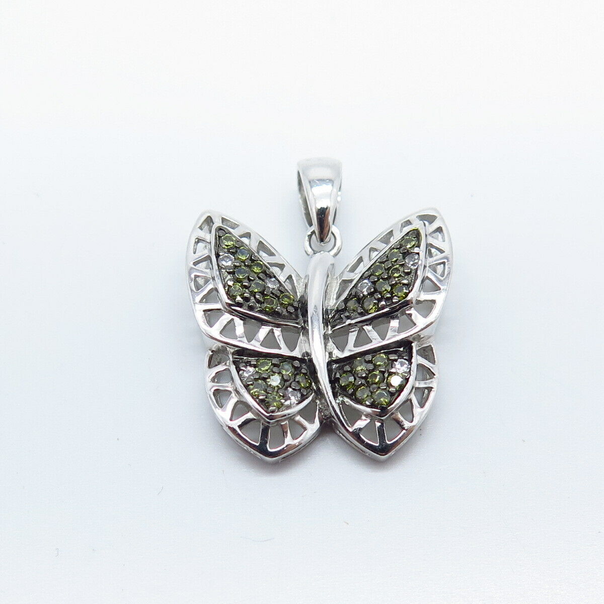 925 Sterling Silver Peridot-Tone C Z Ornate Butterfly Pendant