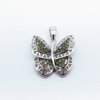 925 Sterling Silver Peridot-Tone C Z Ornate Butterfly Pendant