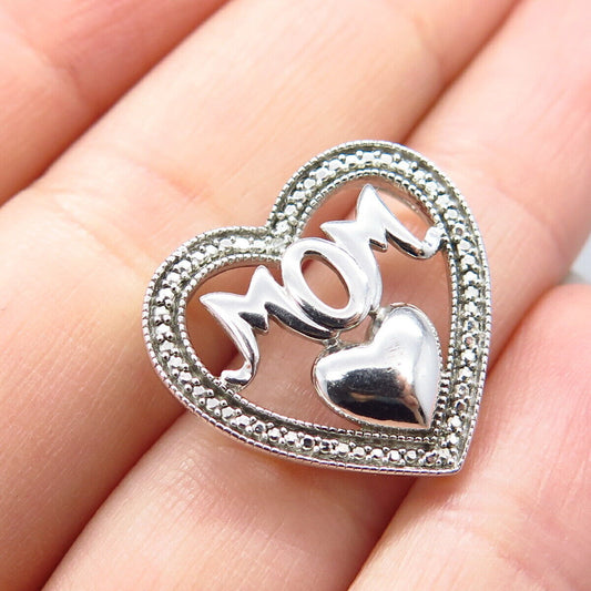 925 Sterling Silver "Mom" Love Heart Slide Pendant