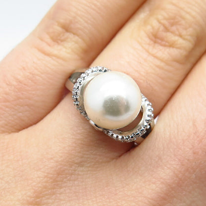 925 Sterling Silver Faux Pearl & C Z Ring Size 5.75