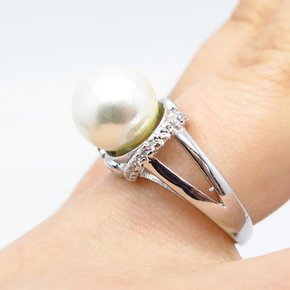 925 Sterling Silver Faux Pearl & C Z Ring Size 5.75