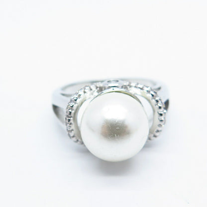 925 Sterling Silver Faux Pearl & C Z Ring Size 5.75