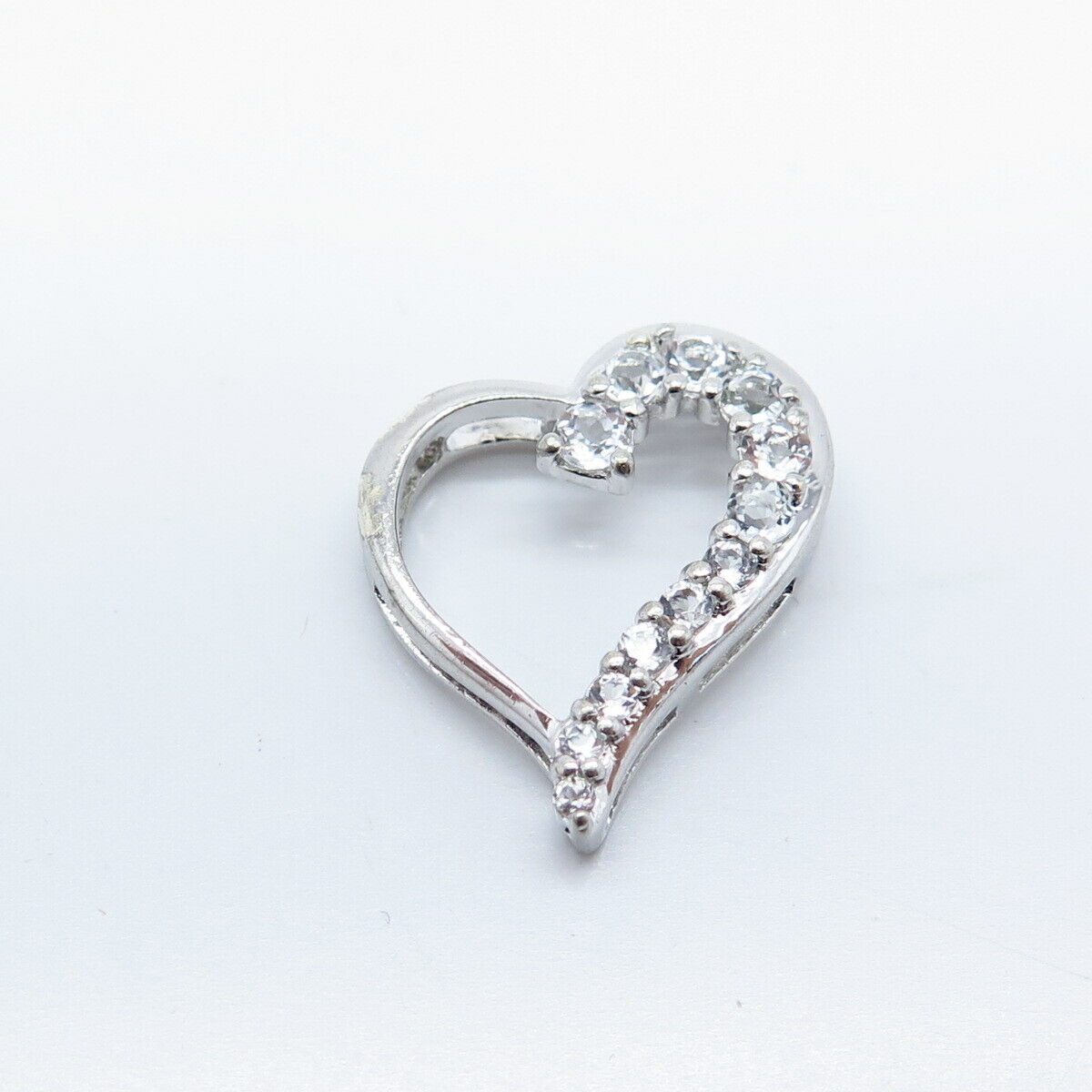 925 Sterling Silver Real White Topaz Gemstone Open Heart Slide Pendant